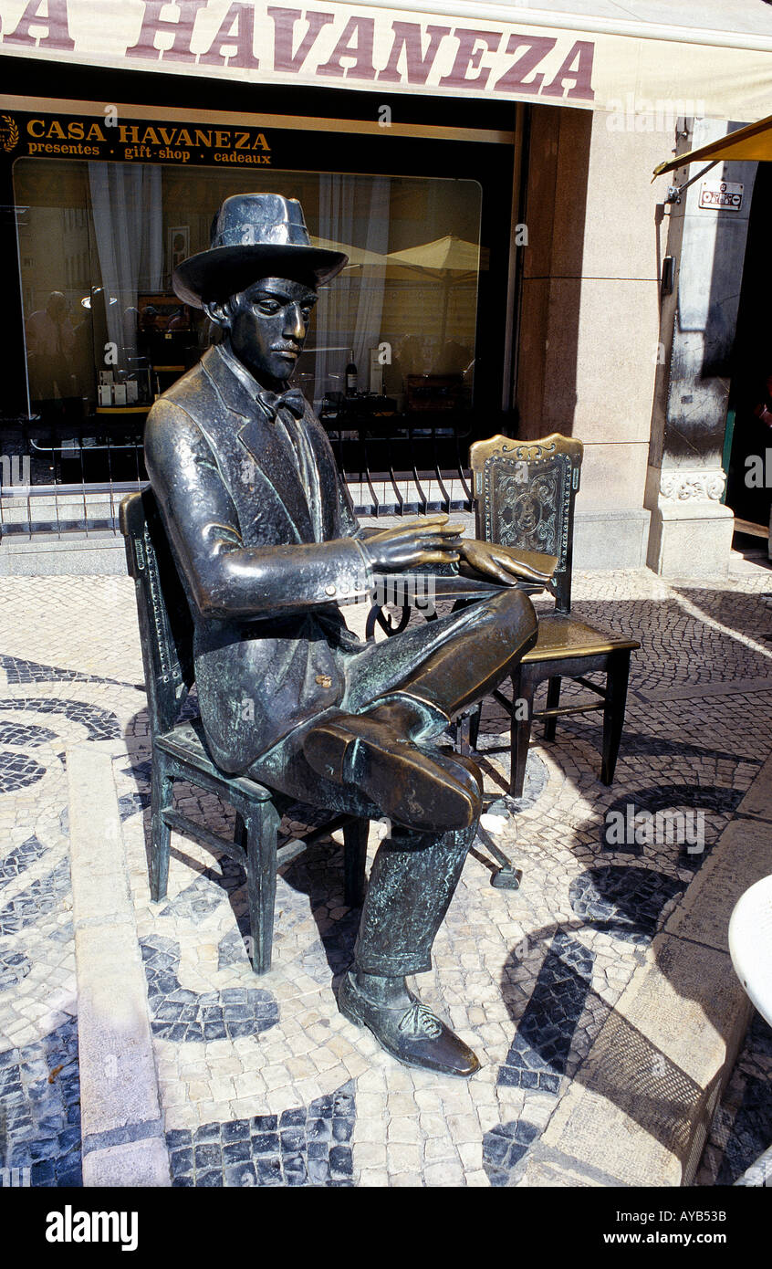 Statue of Fernando Pessoa sits outside the cafe Brasiliera in Chiado