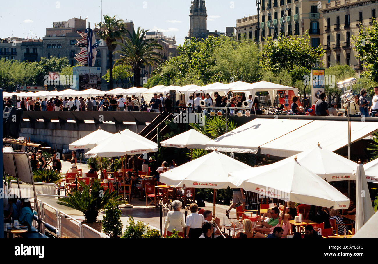 Open stalls market at the Port In Barcelona Spain Stock Photo