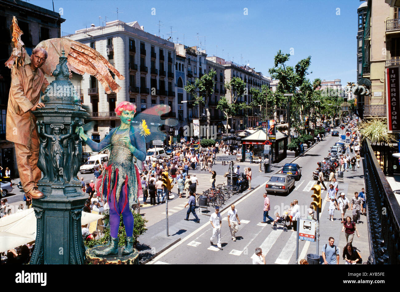 The Ramblas in Barcelona with street actors and artists Stock Photo