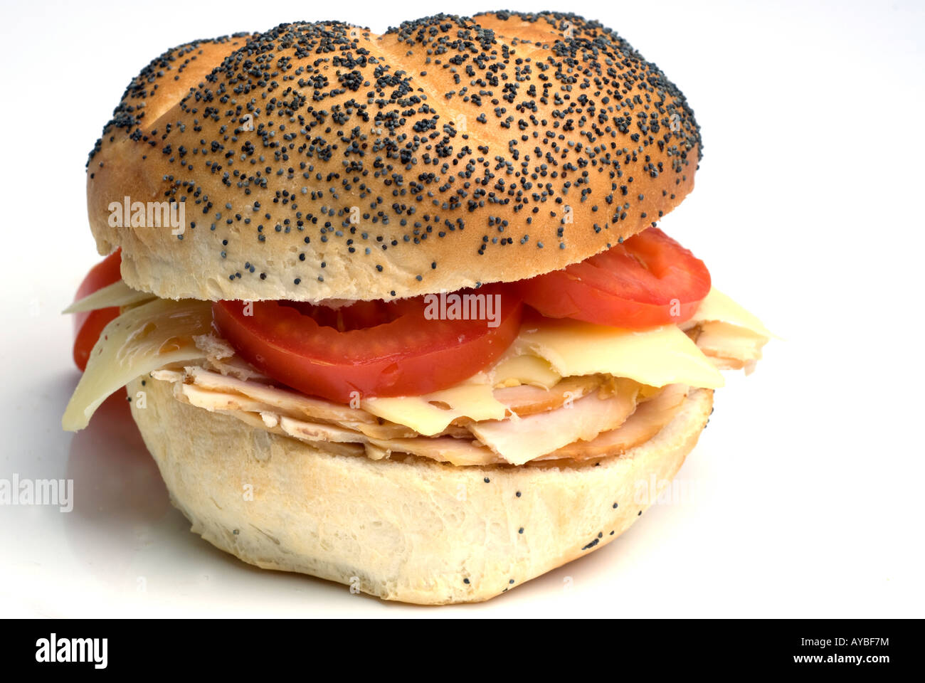 turkey and swiss cheese on a kaiser hard roll with tomato Stock Photo