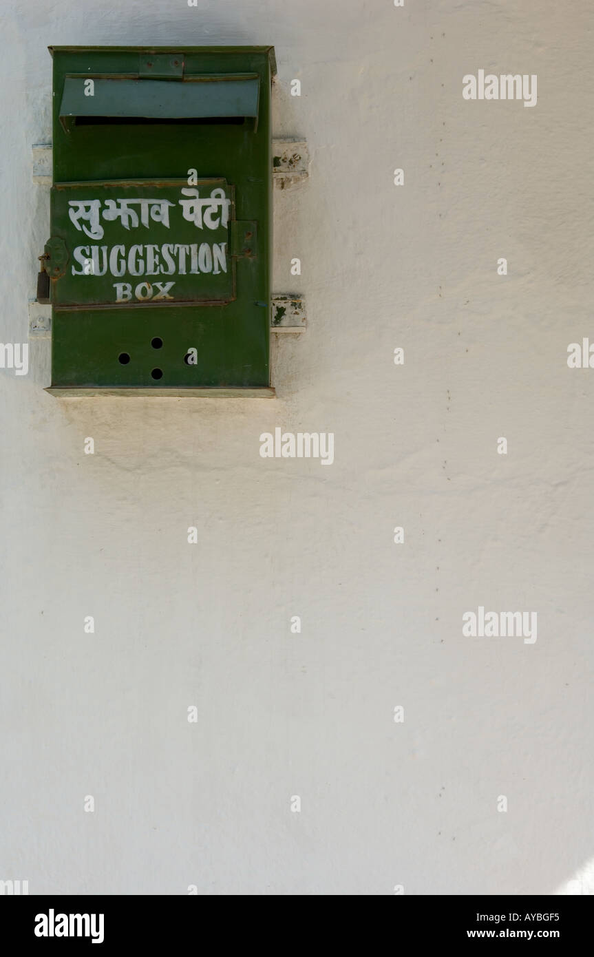 Green metal suggestion box at Birla House, Mahatma Ghandi's final home and the location of his assassination. New Delhi, India. Stock Photo