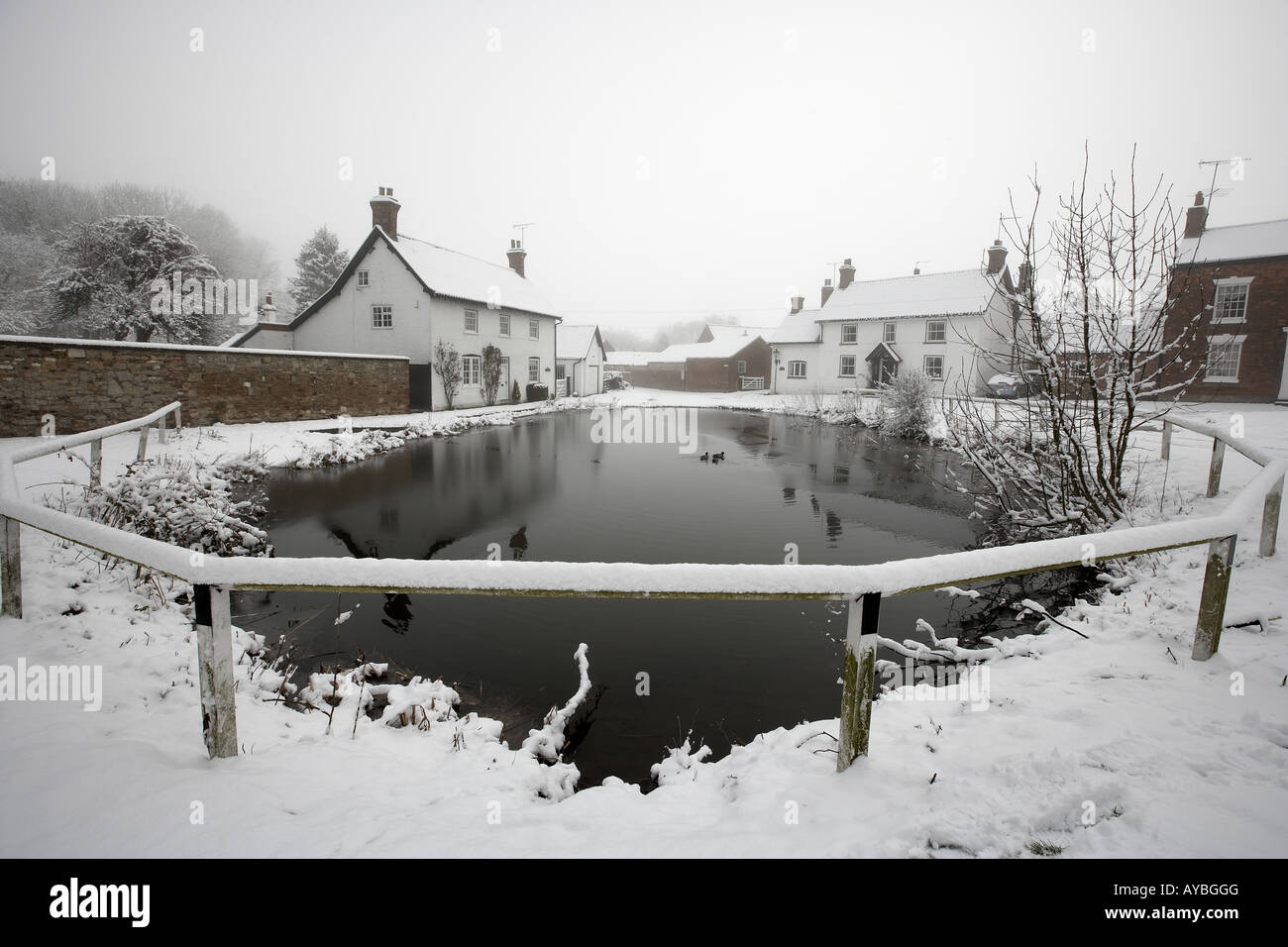 Bishop Burton and village pond carpeted in snow East Yorkshire England UK Stock Photo