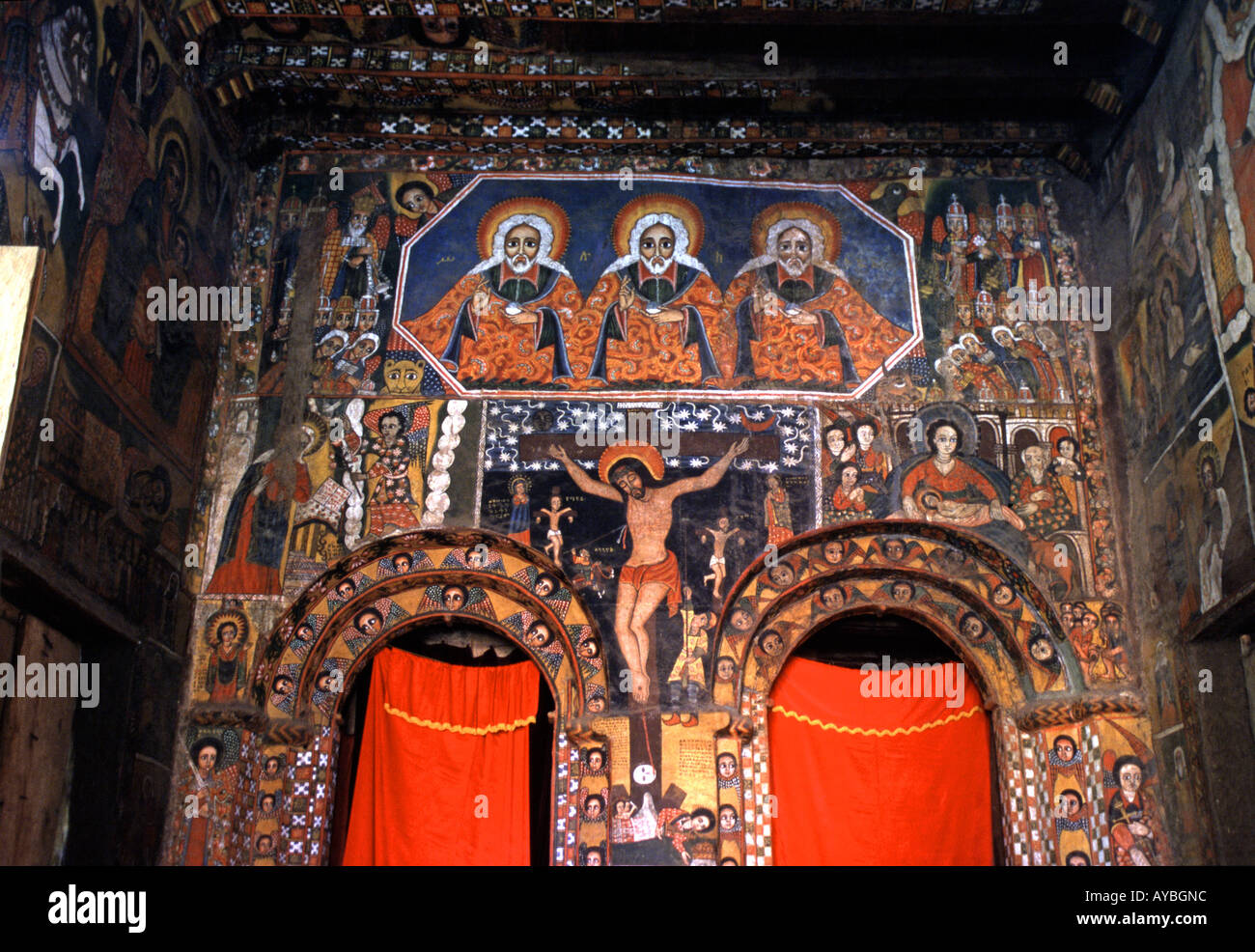 Painting of the crucifiction on the walls of the church of Debre Birhan Selasie in Gondar Ethiopia Stock Photo