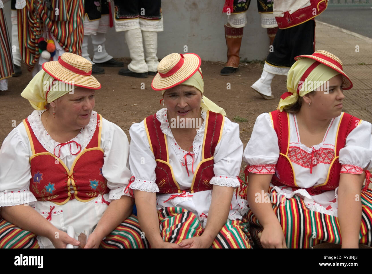 Three Spanish women in traditional dress at local fiesta on Tenerife in The Canary islands. Stock Photo