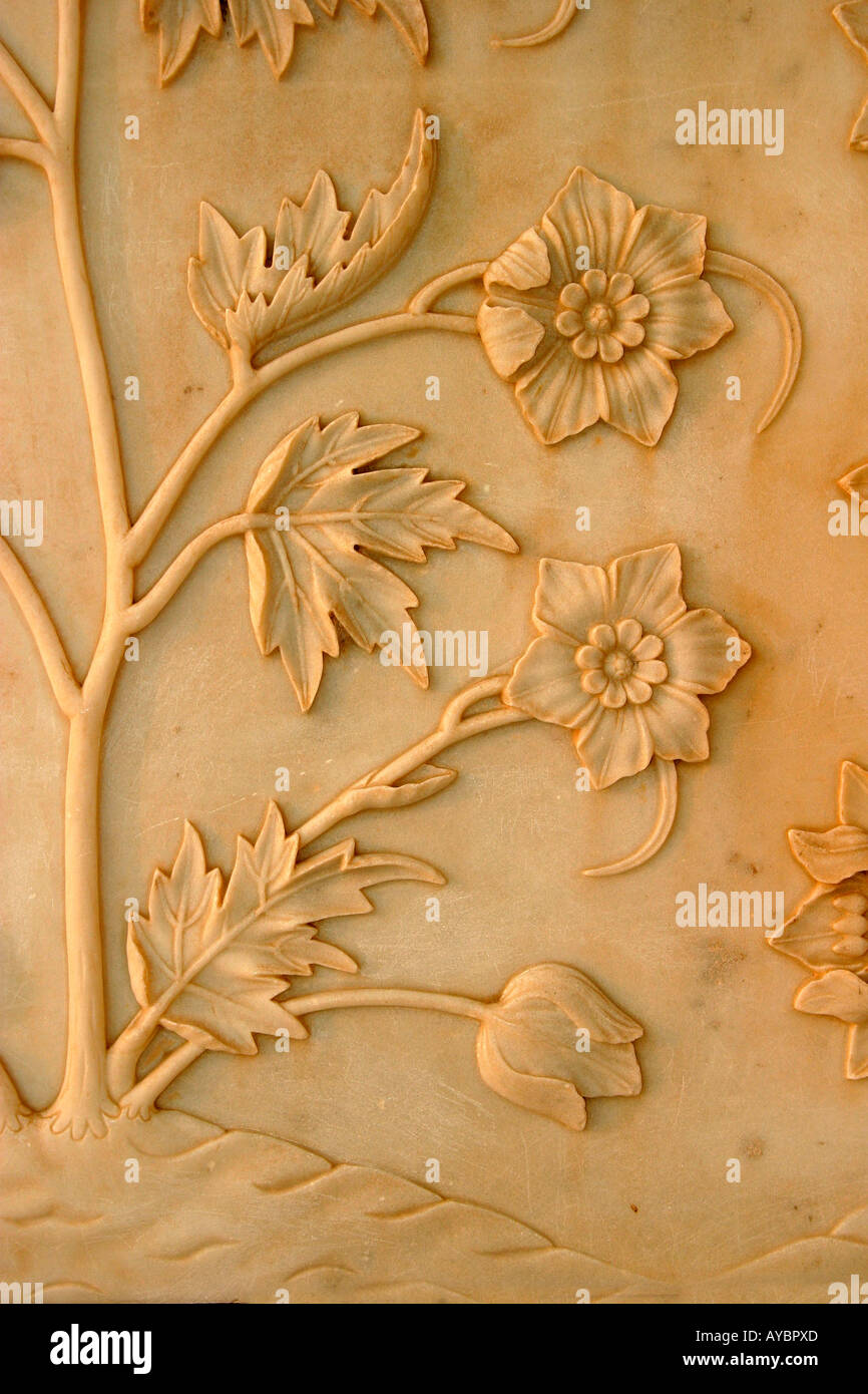 Wall carvings at the Taj Mahal, Agra, Uttar Pradesh, India Stock Photo