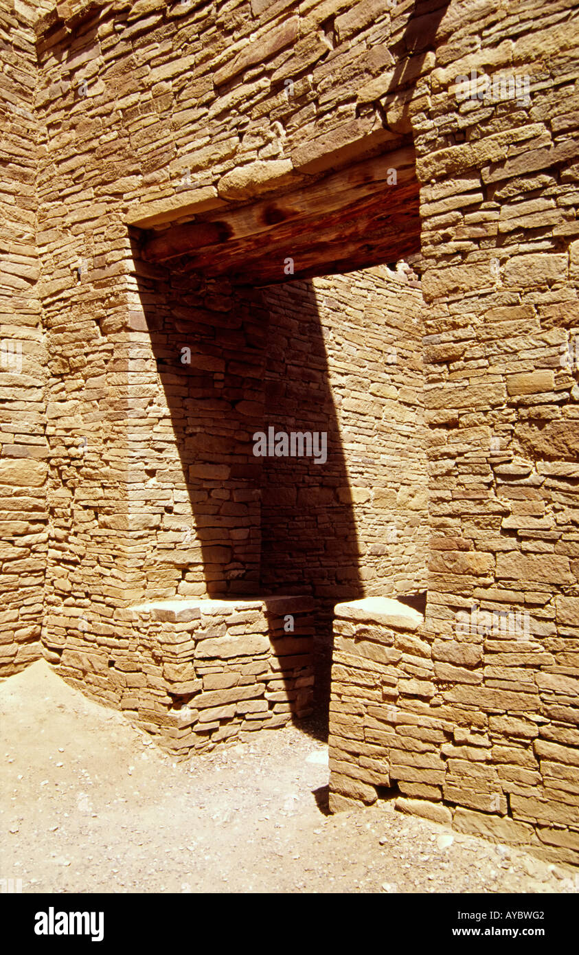 An unusual stone-framed doorway in the ancient city of Pueblo Bonito, at Chaco Canyon near Grants, New Mexico. Stock Photo