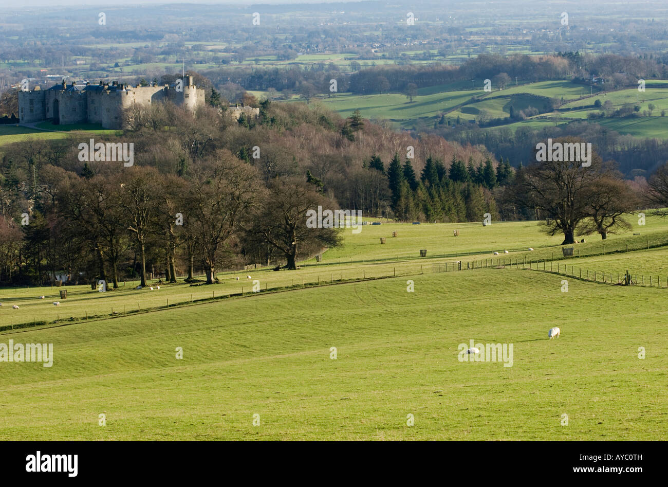 Wales, Wrexham, Chirk. Chirk Castle, a Marcher fortress built for Edward I in the 1300s, guards the entrance to the Glyn Ceiriog Valley, historically an important route into the heart of Wales. Stock Photo