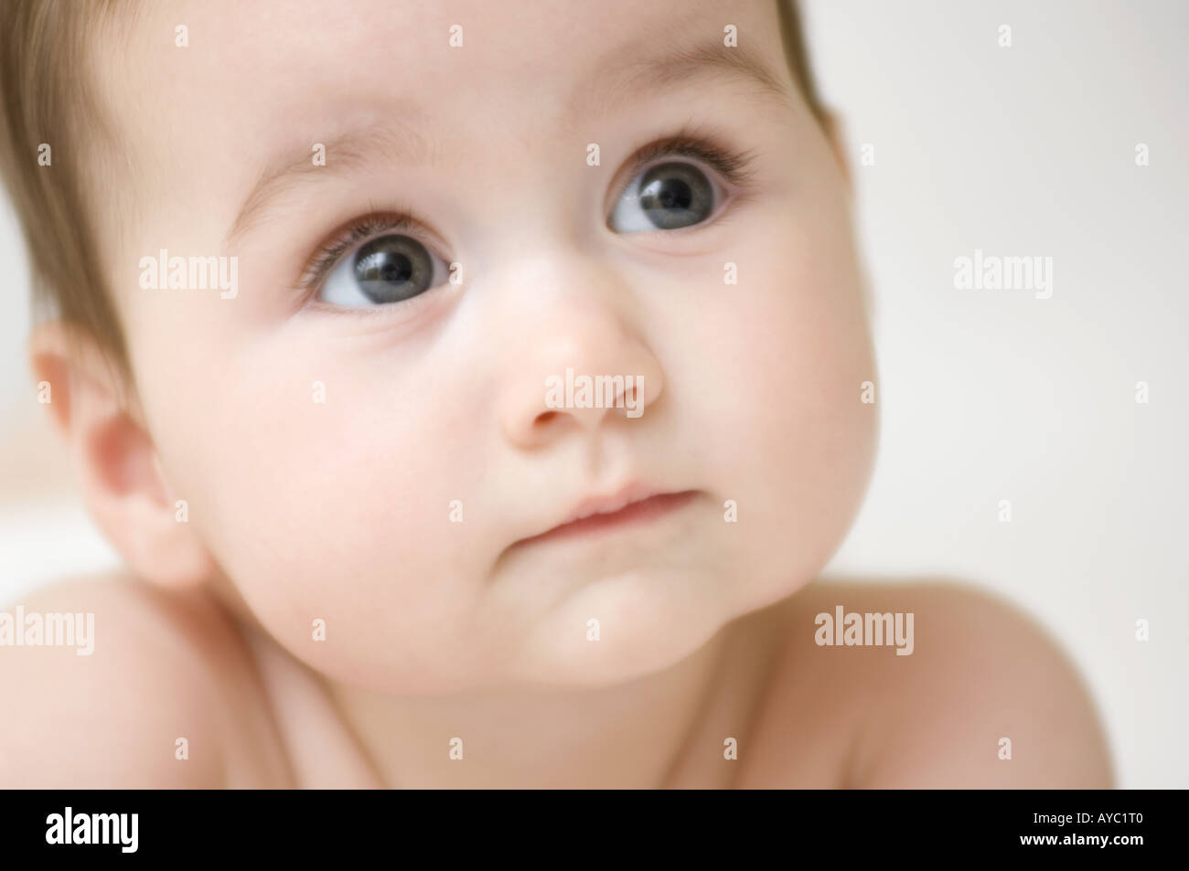 6 month old caucasian baby girl with  big brown eyes and pensive expression. Stock Photo