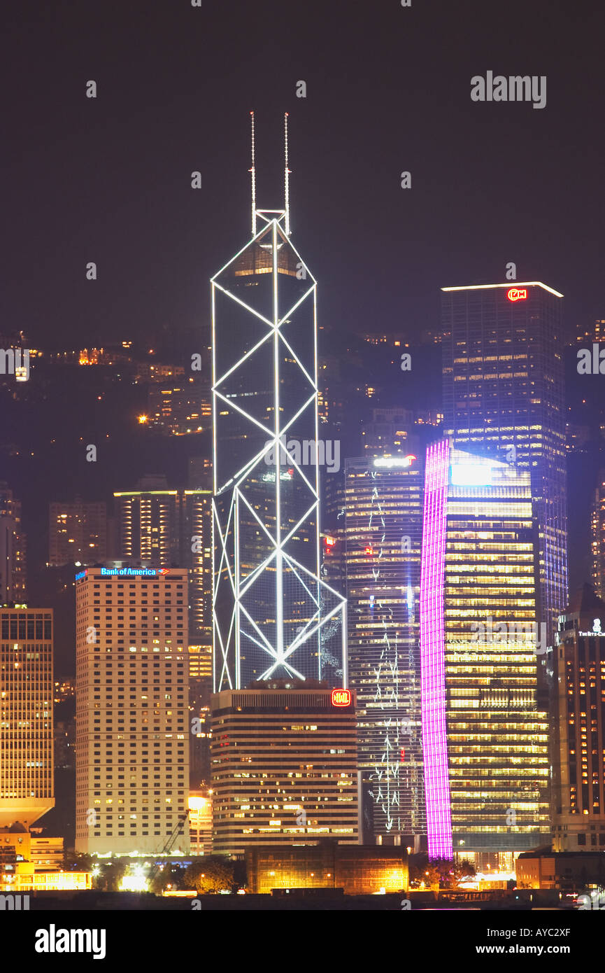 Bank Of China Building At Night, Hong Kong Stock Photo