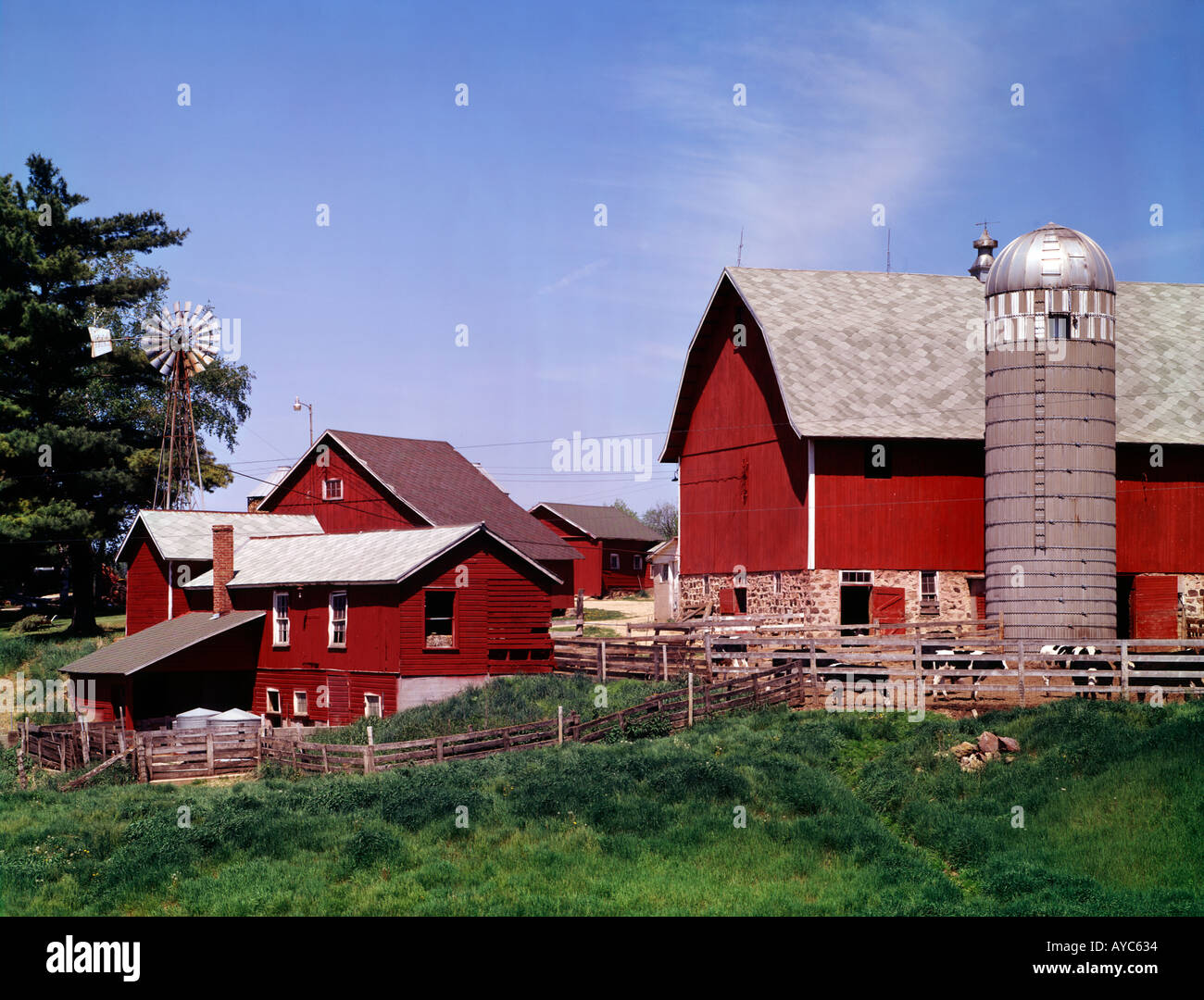 Wisconsin Dairy Farm With Typical Red Barns Wildmill And Storage