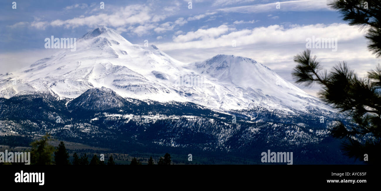 Mount Shasta and Mount Shastina tower over the Northern California skyline rising to 14162 feet or 4317 meters elevation Stock Photo