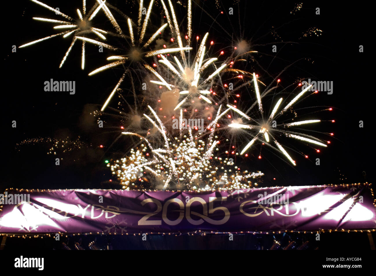 Spectacular Fireworks against Night Sky with Cardiff 2005 banner Stock Photo