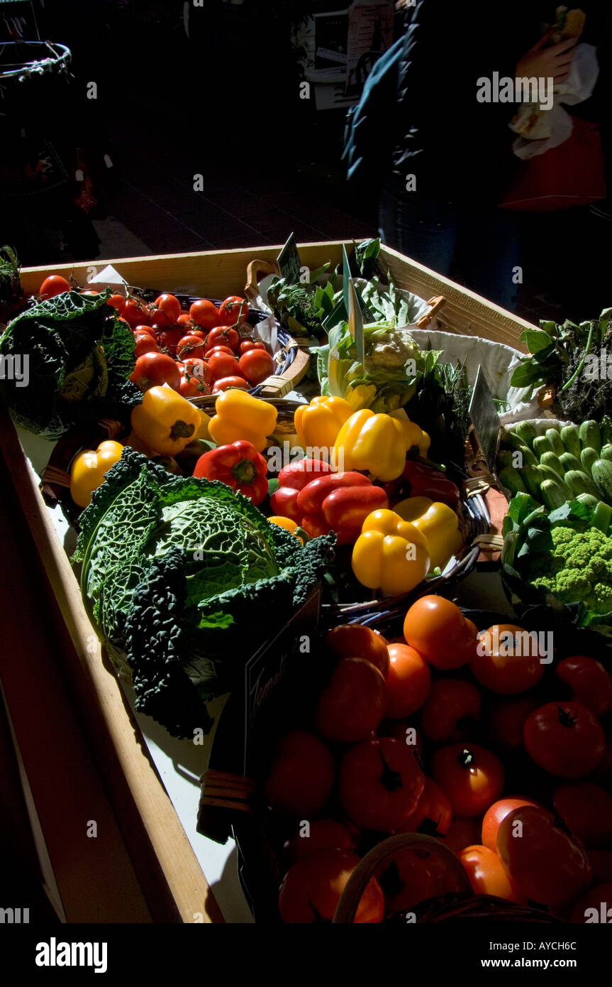 Stunning colours of fresh vegetables on a market stall down a side street in Nice, on the Cote d'Azur, the French Riviera Stock Photo