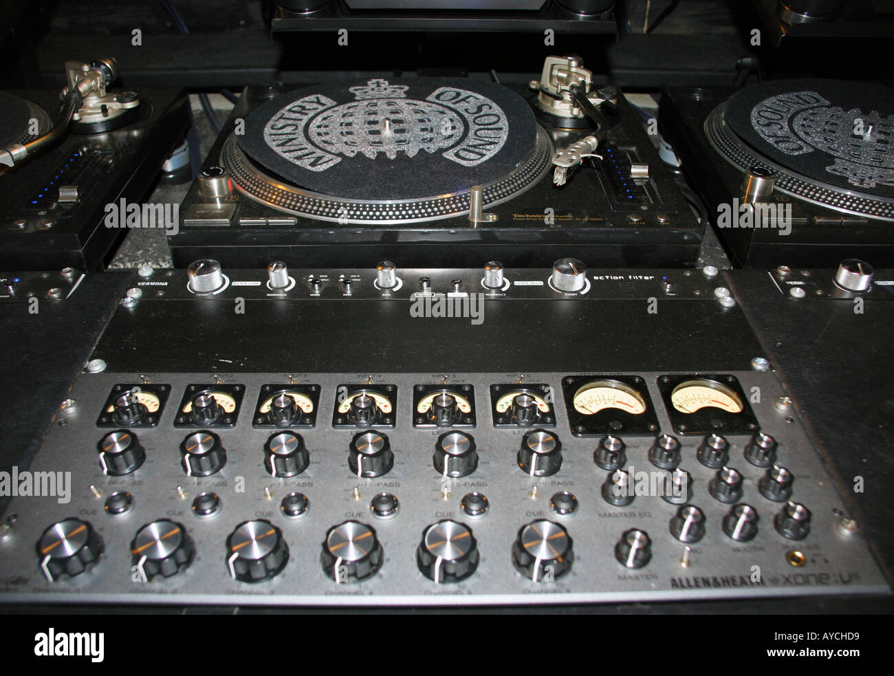closeup of the turntables in the dj booth at london's ministry of sound