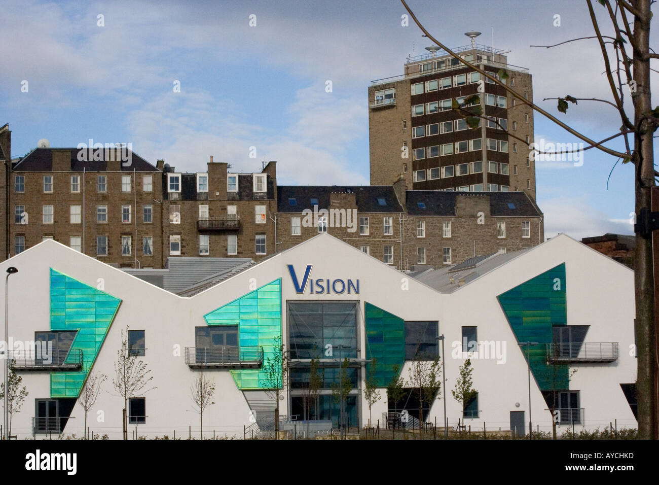 Front view of "Vision" modern commercial office building in urban