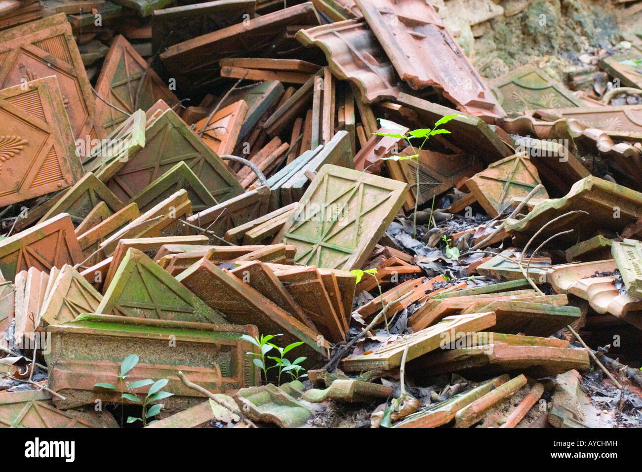 A pile of broken clay tiles Stock Photo Alamy