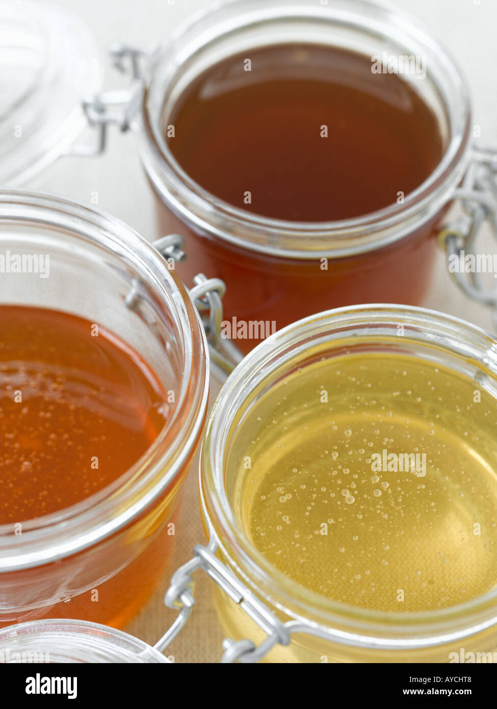 Three types of honey on linen background - high end Hasselblad 61mb digital image Stock Photo