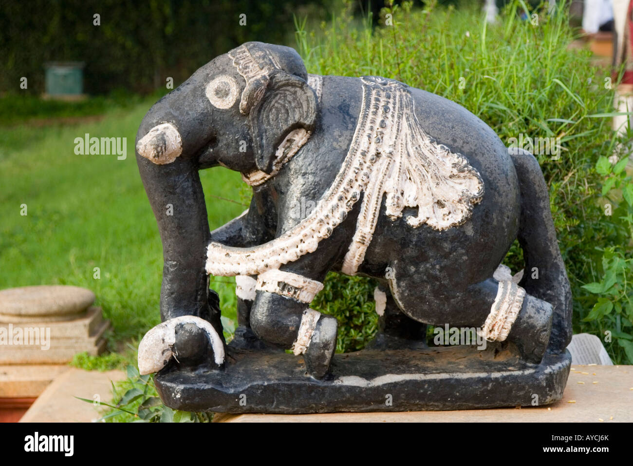 Carved stone decorated statue of Ganesha the elephant god in Lalbagh