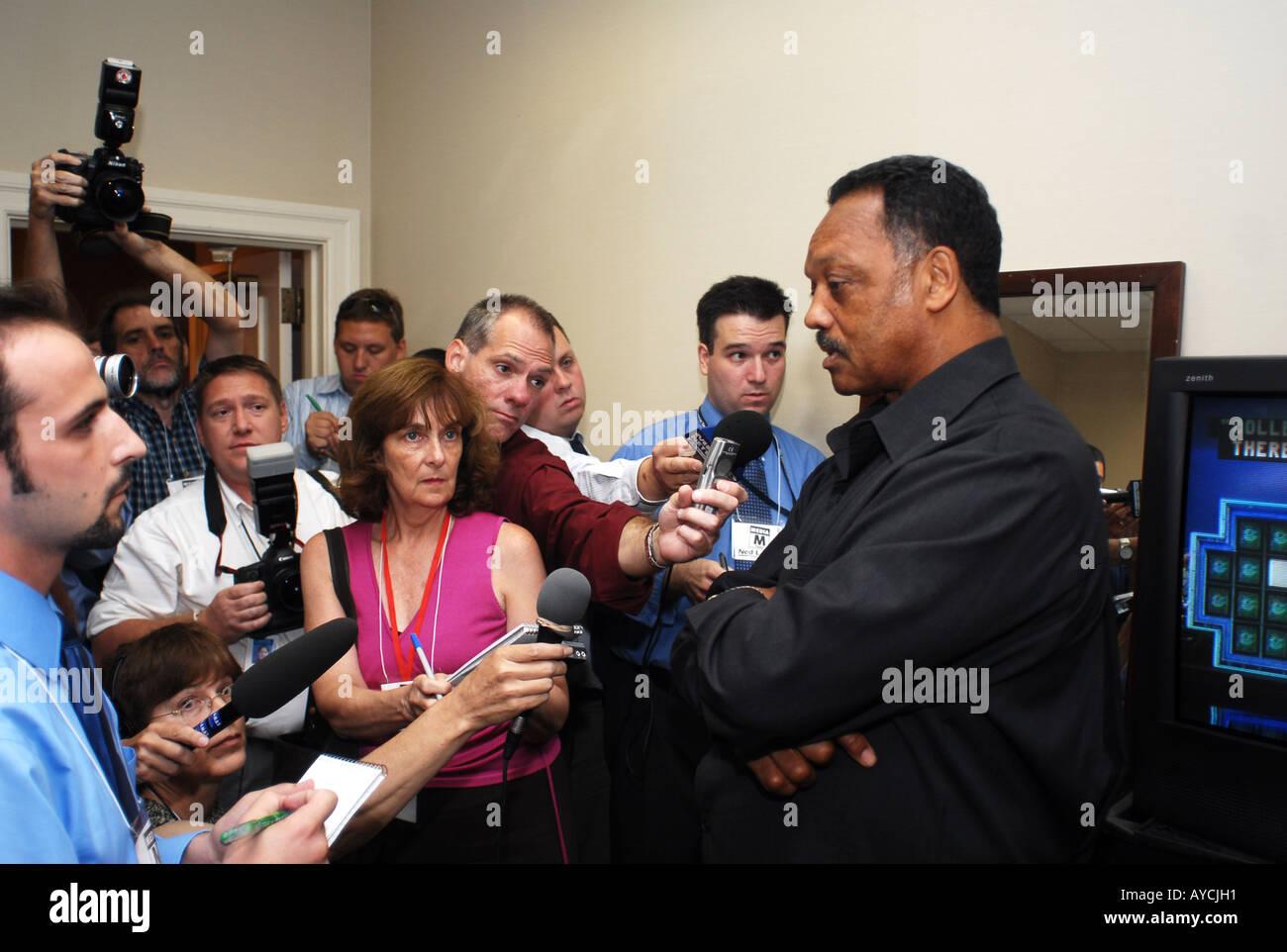 Reverend Jesse Jackson Civil Rights Leader with Reporters at a polical event Stock Photo