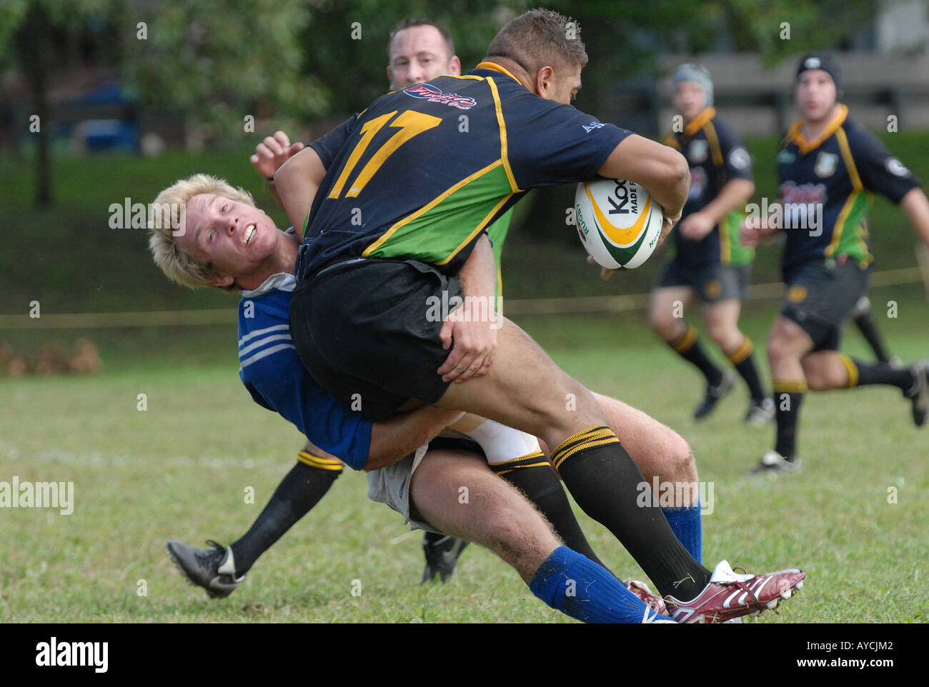 Rugby Football hard tackle Stock Photo Alamy
