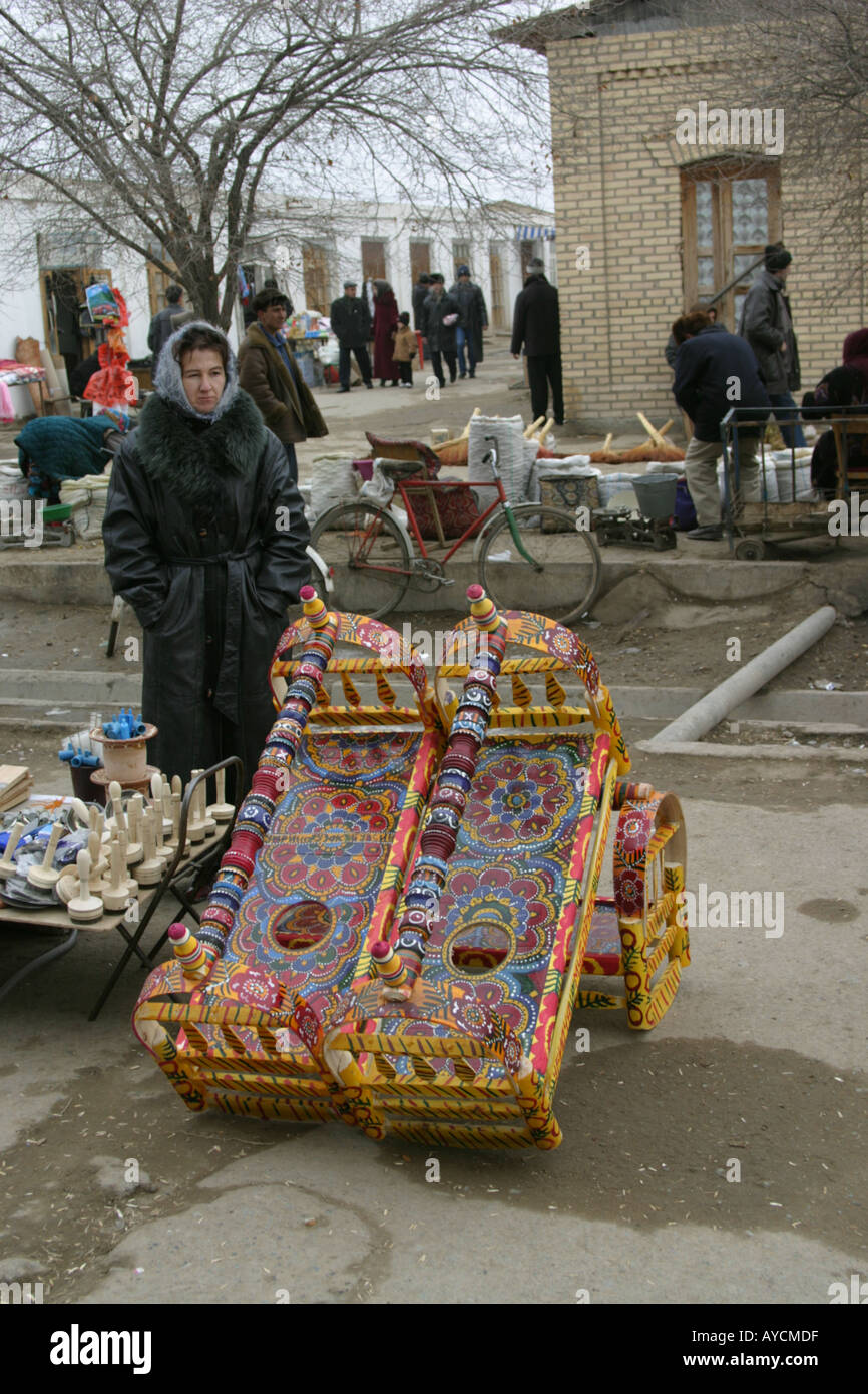 Typical cradles sold in the Khiva market, Uzbekistan Stock Photo