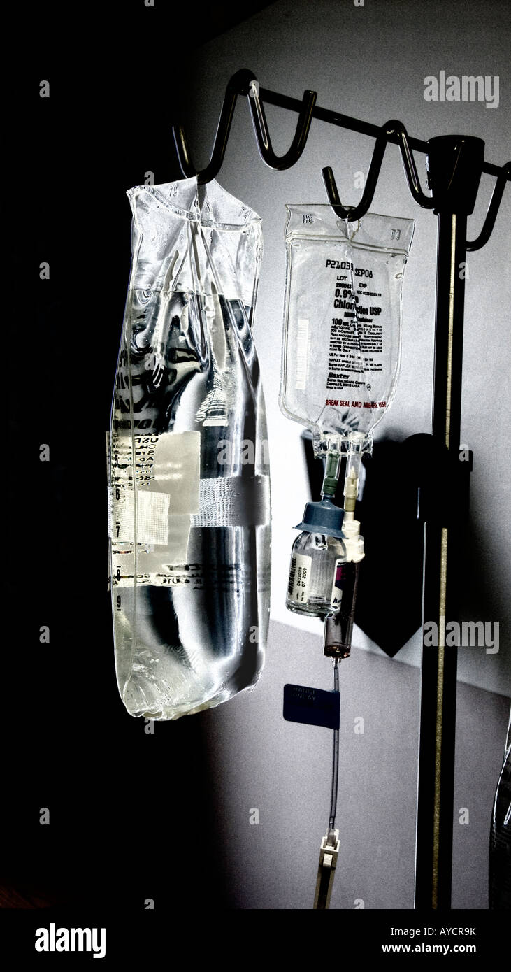 IV intravenous bag hanging in hospital intensive care ward for cardiac ...