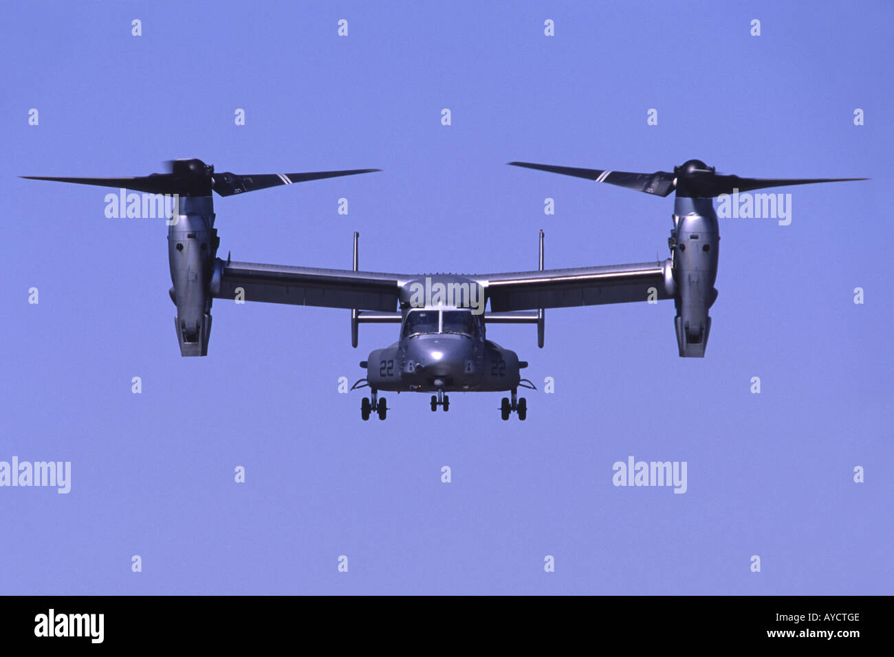Bell Boeing VM-22B Osprey operated by the US Marines seen head on whilst demonstrating a vertical landing at Farnborough Airshow Stock Photo
