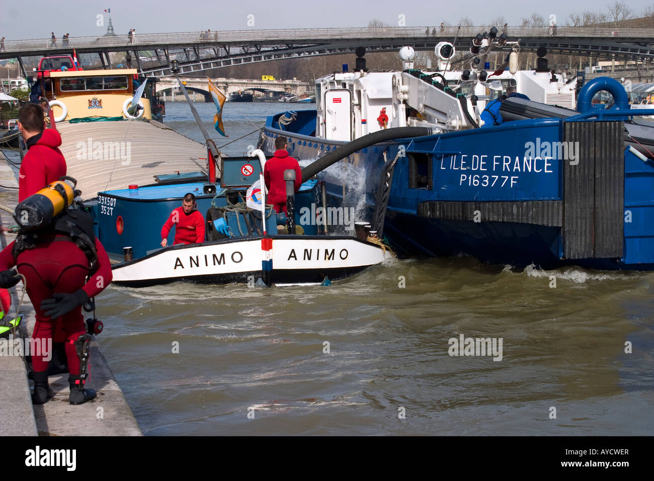 Rescuing A Sinking Barge On The Seine Stock Photo 17068414