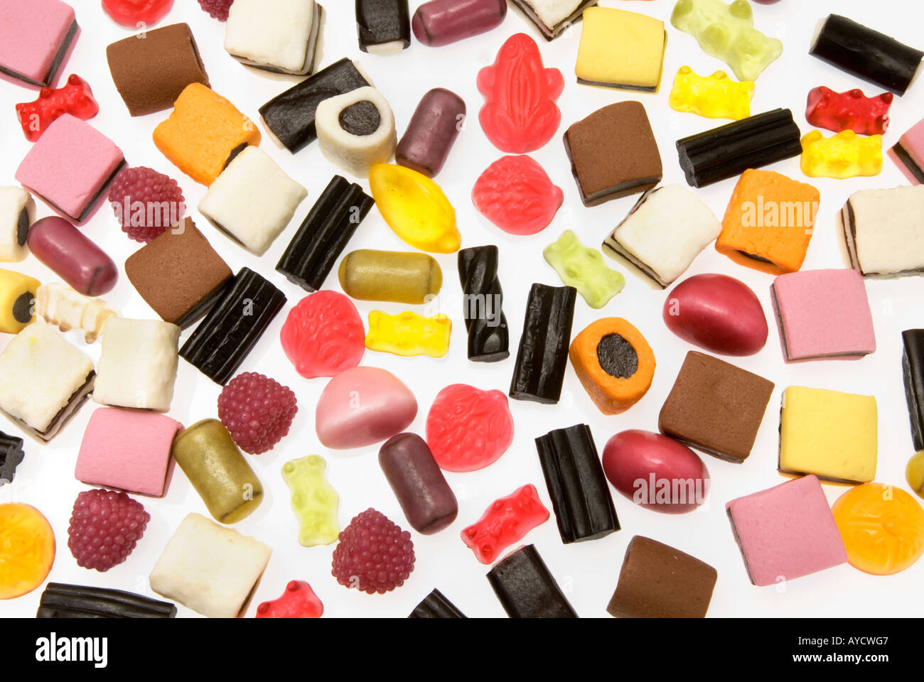 variety of happy colored licorice allsorts Candy gumdrops jellybaby Stock Photo