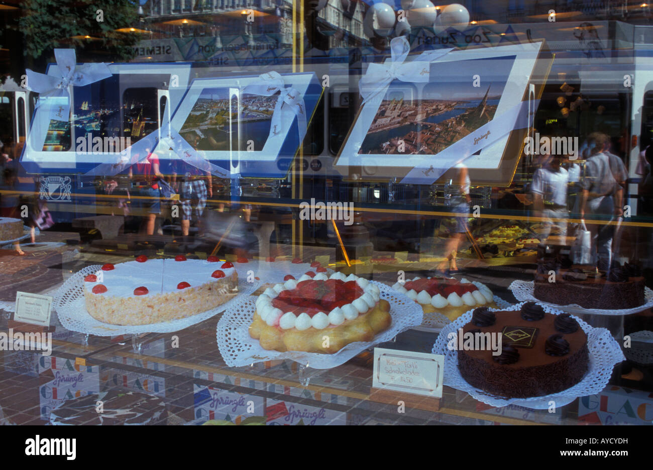 Shop window with cakes of famous Sprungli confectioner in Zurich