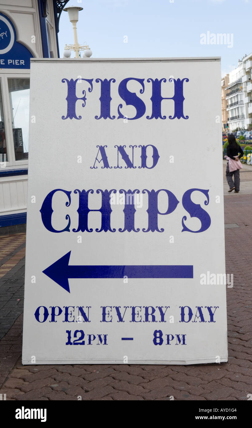 Fish and chips a board sign Eastbourne seafront Stock Photo Alamy