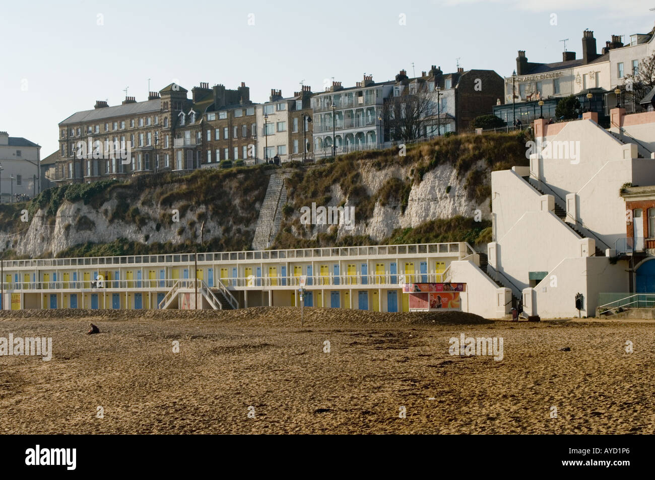 Viking Bay, Broadstairs, Kent, United Kingdom, showing beach chalets