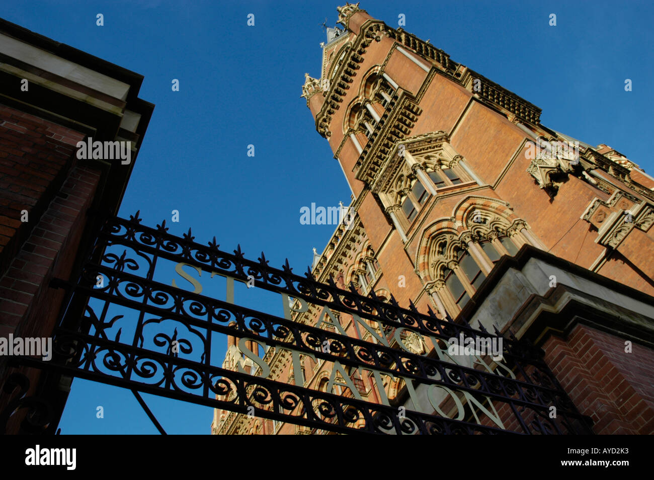 View looking up at the newly restored exterior of St Pancras International railway London England UK 2007. Stock Photo
