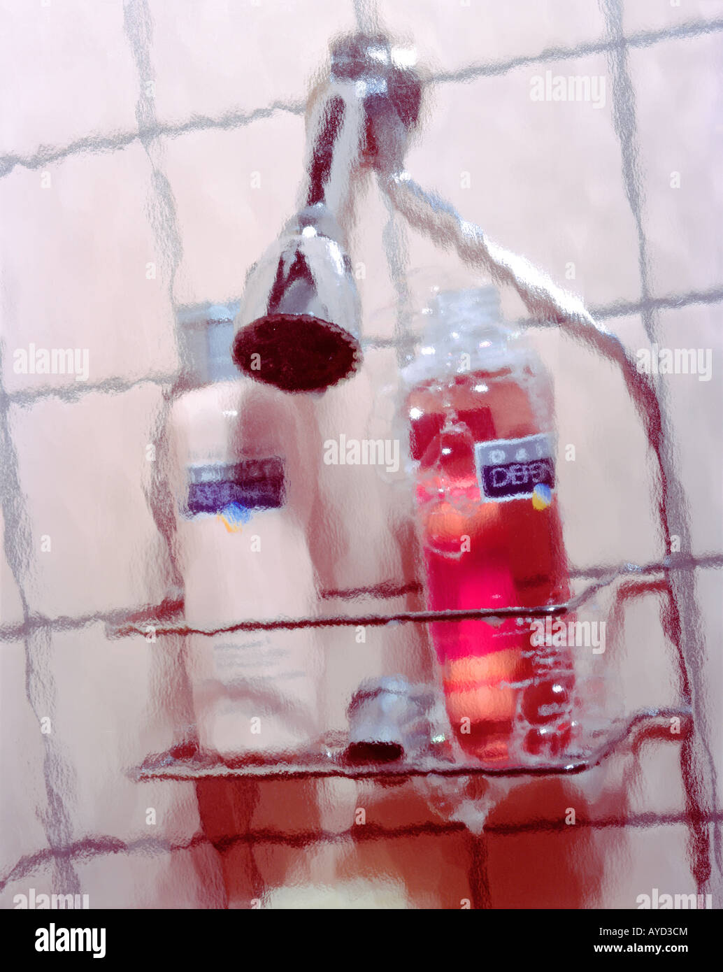 Studio still life of shower stall with products. shot through shower