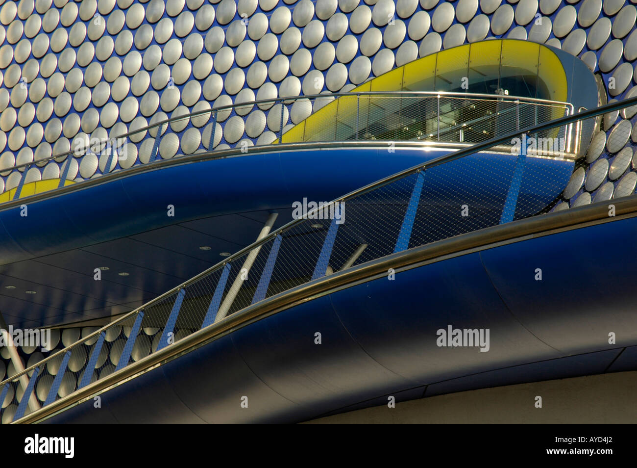 Close up view of the exterior of Selfridges department store in Birmingham showing aliminum cladding and blue coloured balconies Stock Photo