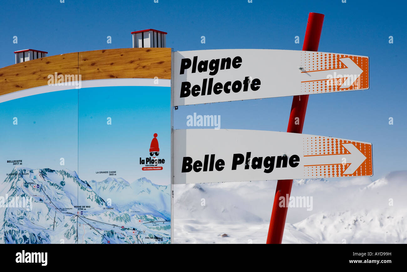 Piste Sign For Bellecote And Belle Plagne French Alps Europe Stock Photo