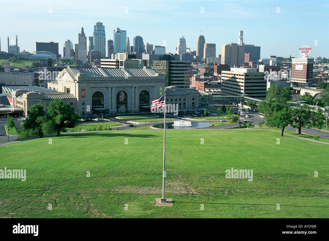 The lawn of the Liberty Memorial at Kansas City MO with Union Station