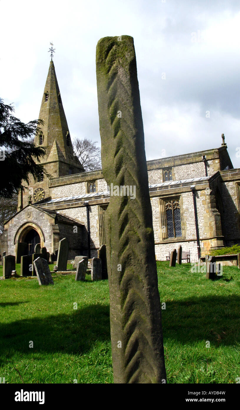 Saxon pillar the remains of a cross in Taddington village  Derbyshire, Peak District National Park England Stock Photo