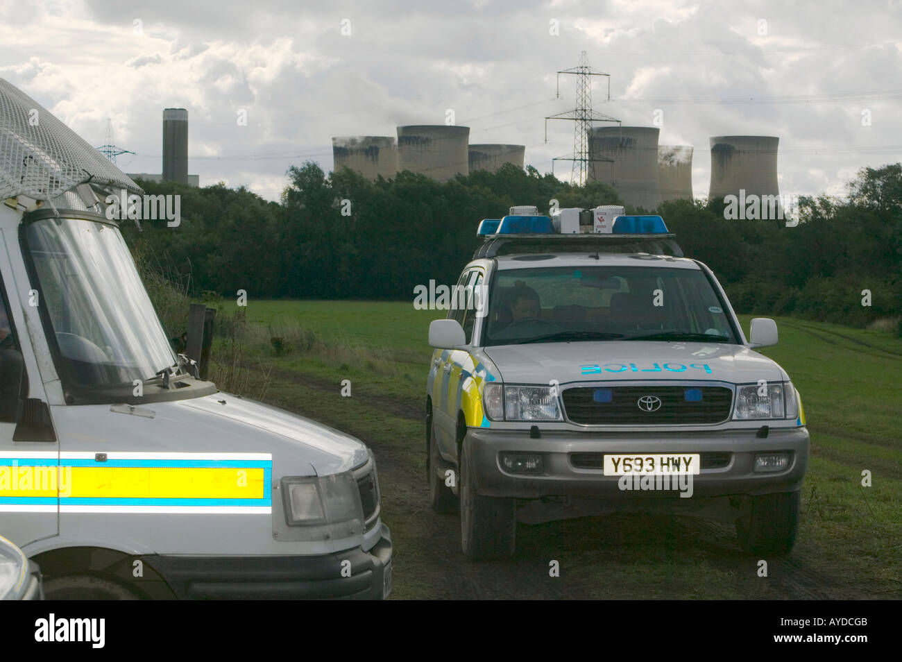Policing Drax Power station, selby, Yorkshire, UK. Western Europes single largest emmitter of greenhouse gases Stock Photo