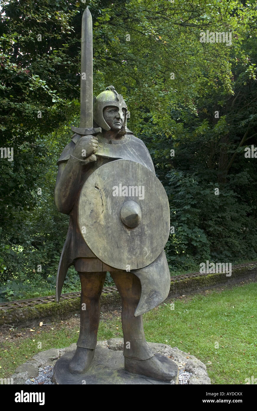 Wooden carved statue of King Offa at Tintern Old Station, Monmouthshire Stock Photo