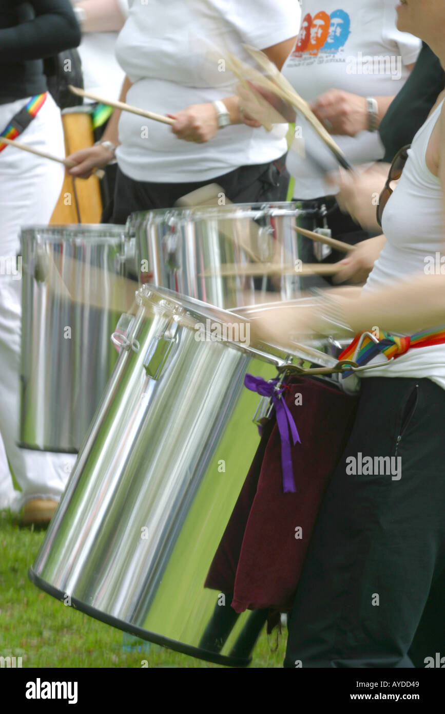 Drummers playing in all female percussion band Stock Photo Alamy