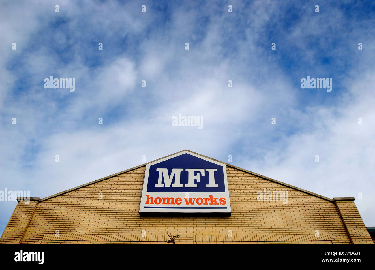 The MFI logo on the side of the building in Barnstaple, North Devon. Stock Photo