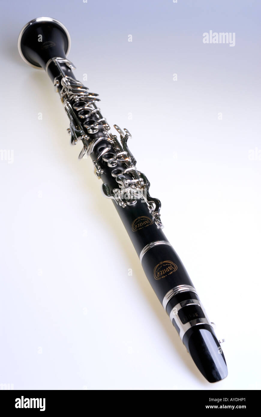 Full shot of a Boehm B flat clarinet on a white background Stock Photo