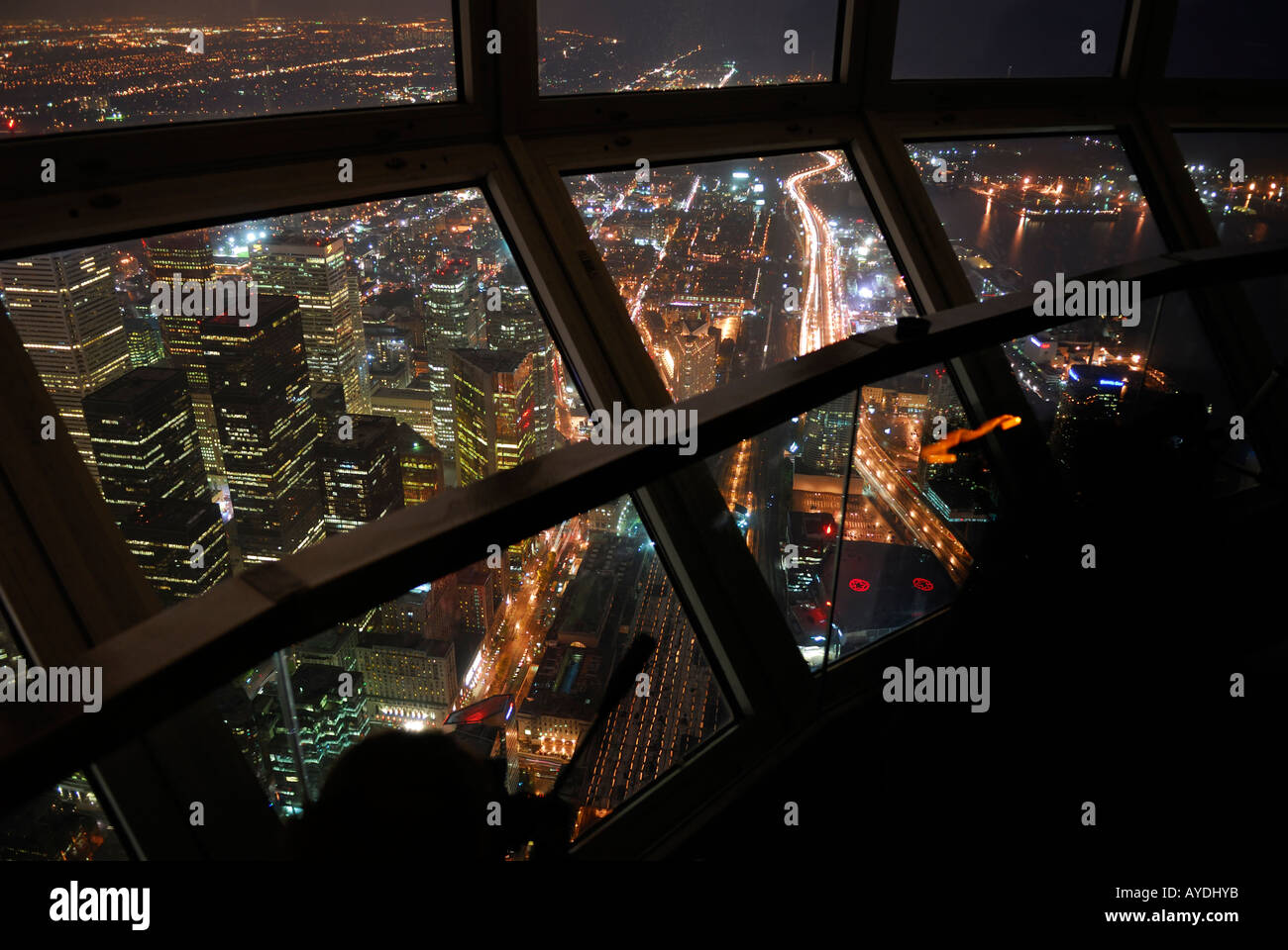 Night view of downtown Toronto high-rise towers from the CN Tower Skypod windows Stock Photo
