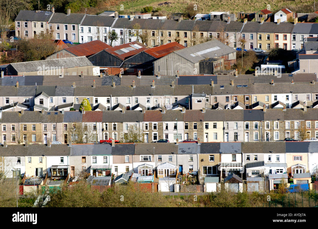 View over traditional industrial terraced houses in the town of