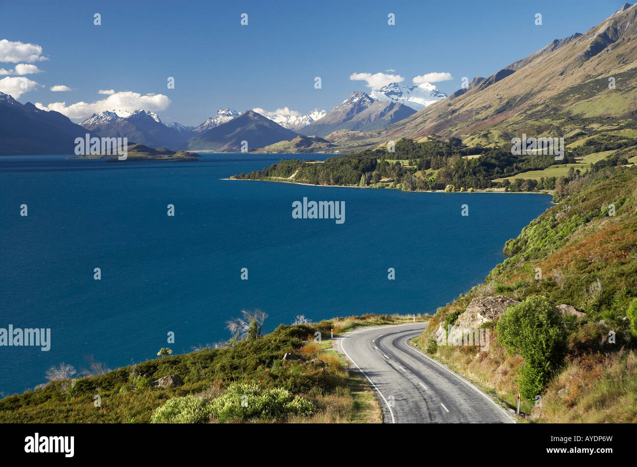 View towards Glenorchy over Lake Wakatipu and Glenorchy Road Queenstown ...