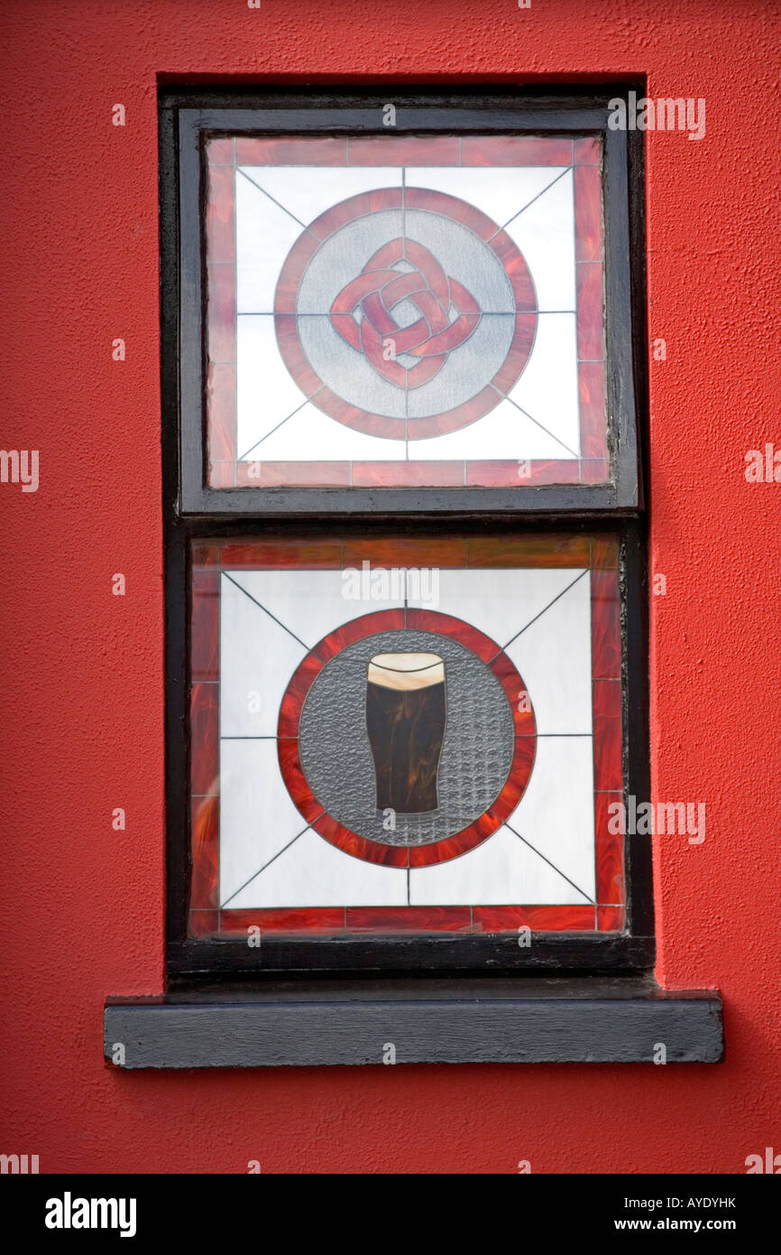 Stained glass window in pub Doolin Village County Clare Ireland Stock
