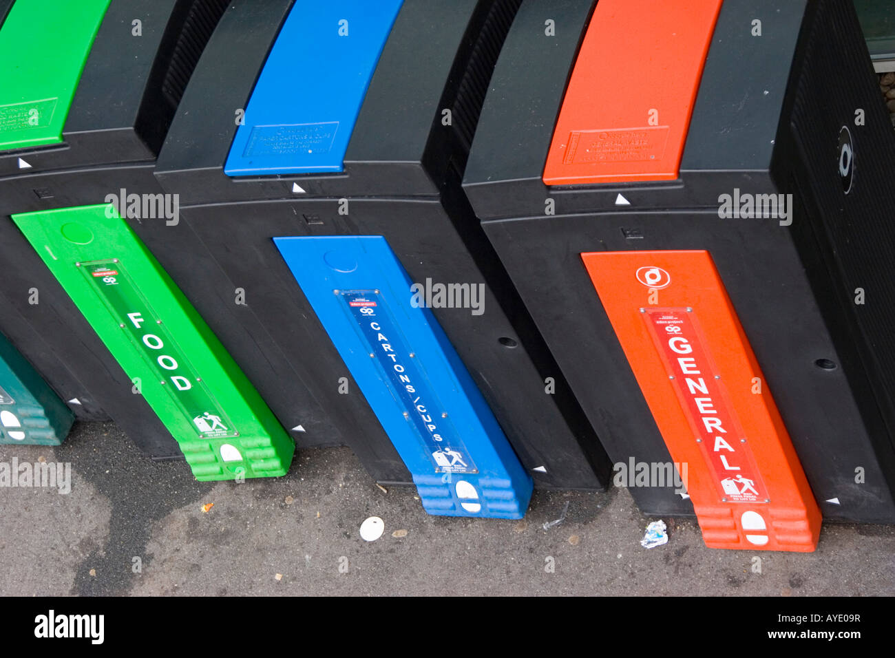 Recycling bins for a variety of waste and recyclable items Stock Photo