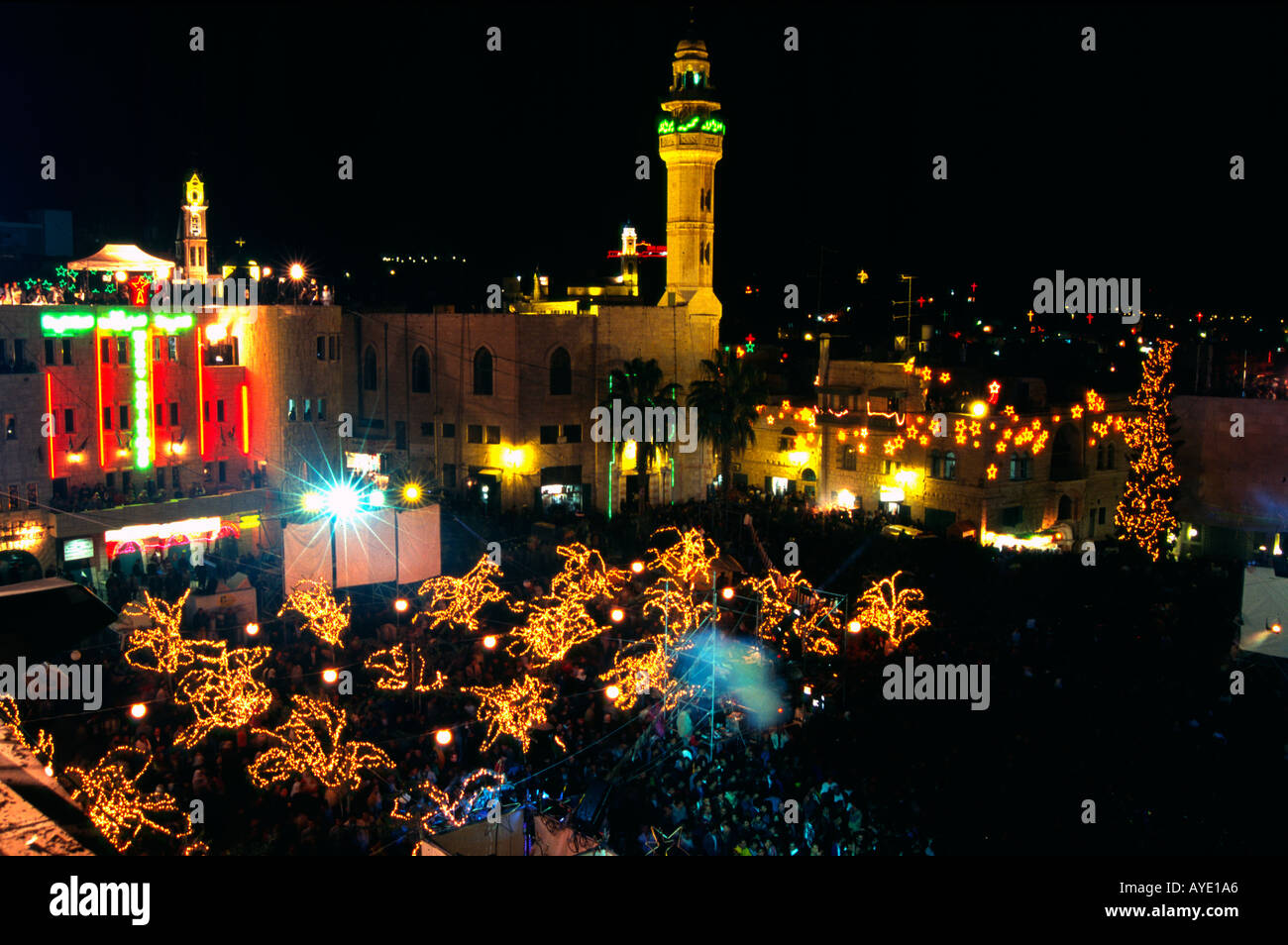 Palestinian Authority Bethlehem Manger square view from above at night with Xmas lights Stock Photo