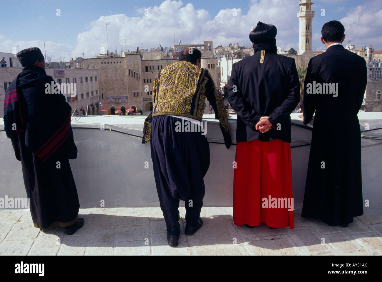 Palestinian Authority Bethlehem roof above Manger square Ethiopian and Egyptian Coptic priests looking at manger square Stock Photo